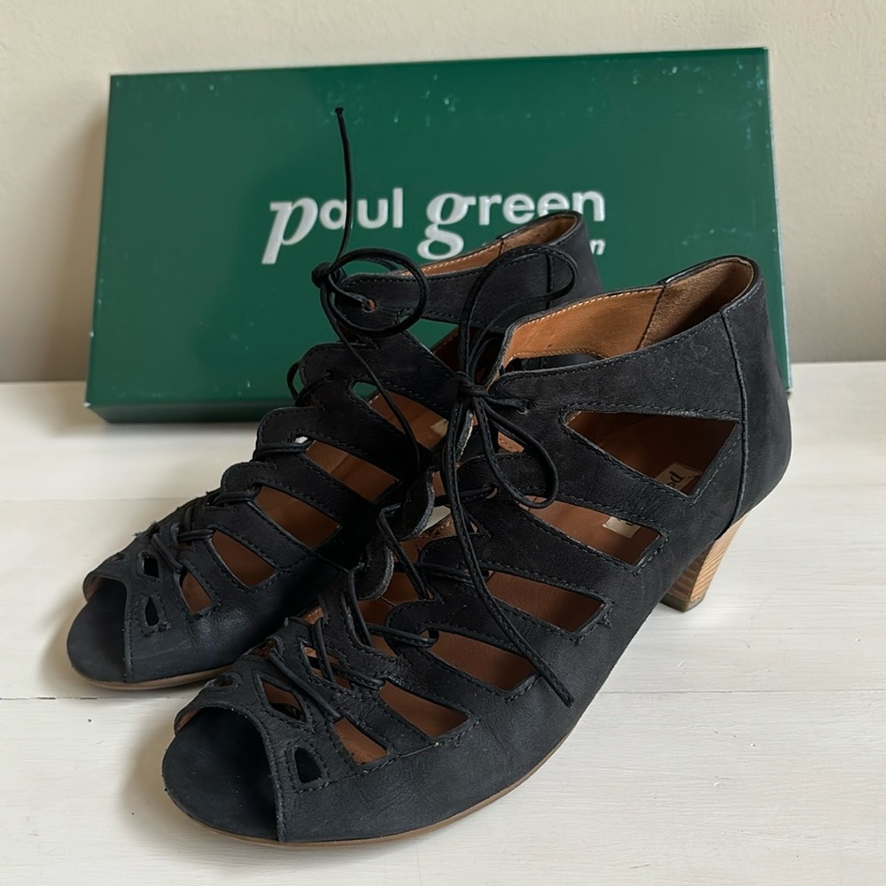 Paul Green Prague Black Suede Perp Toe Cage Sandals